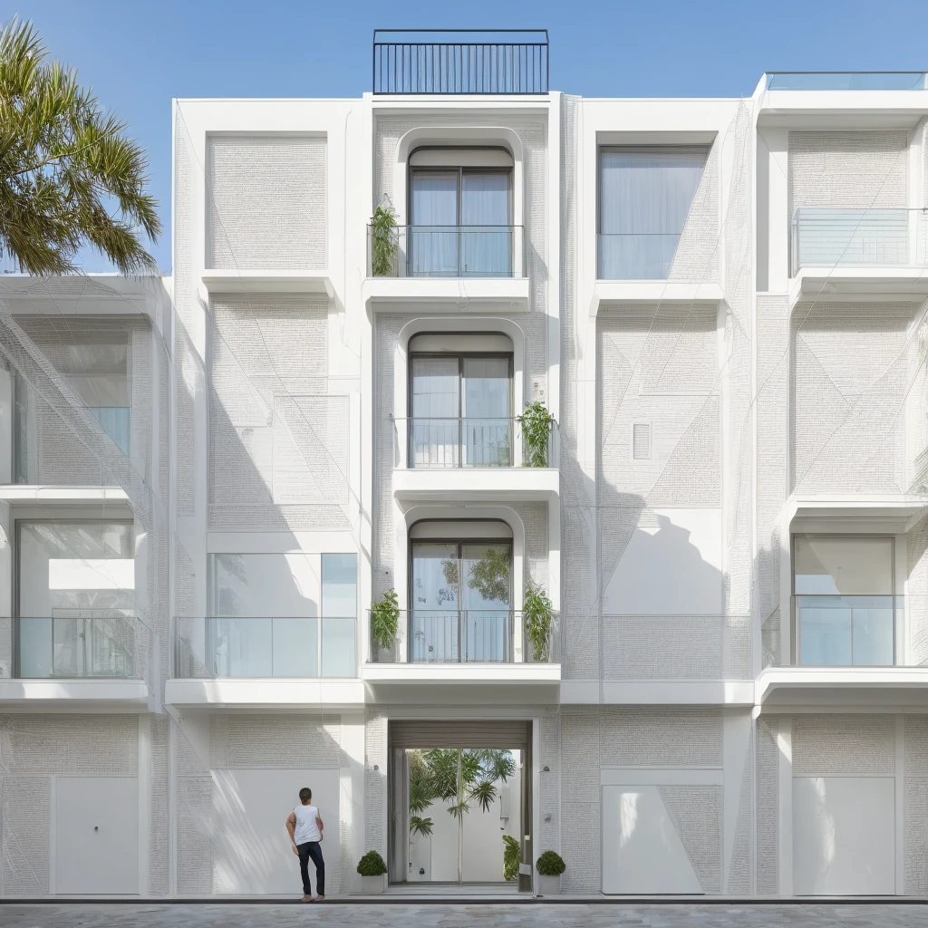 Townhouse with Mediterranean architecture combined with Indochin architecture, bright white paint, aluminum and glass windows, landscape in the urban area