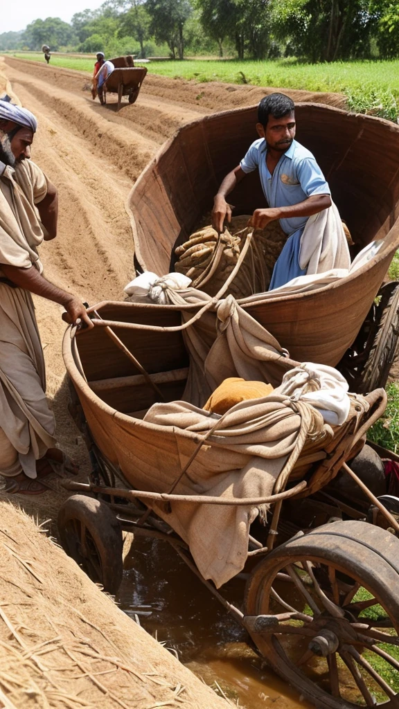 A bullock cart carrying sacks of grain overturned in a ditch, with a worried Pathan trying to fix it."
