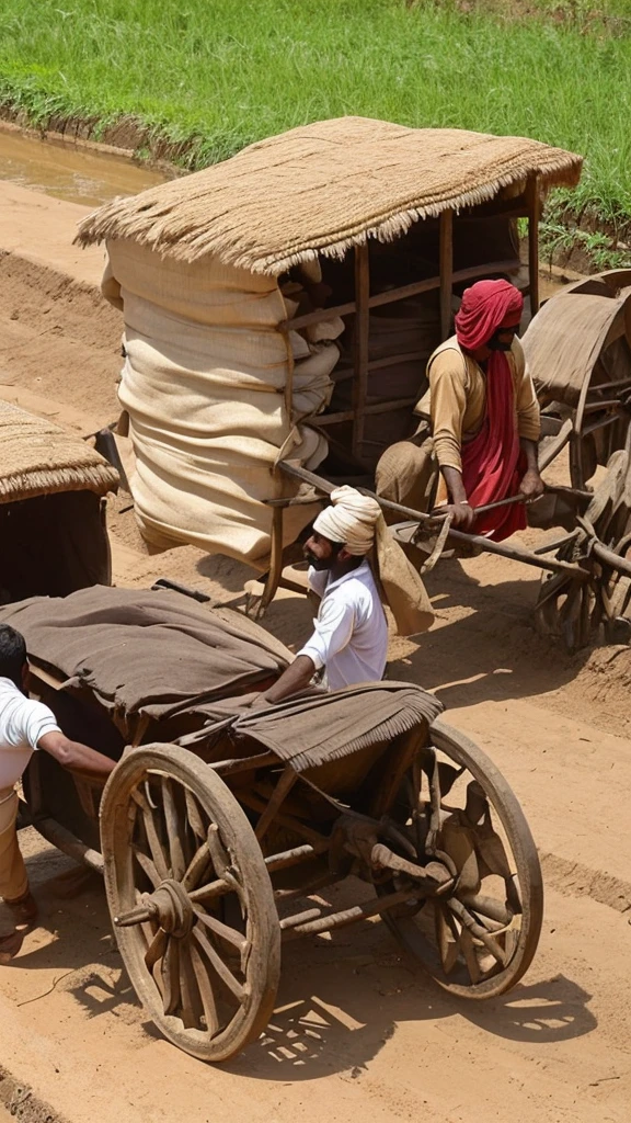 A bullock cart carrying sacks of grain overturned in a ditch, with a worried Pathan trying to fix it."