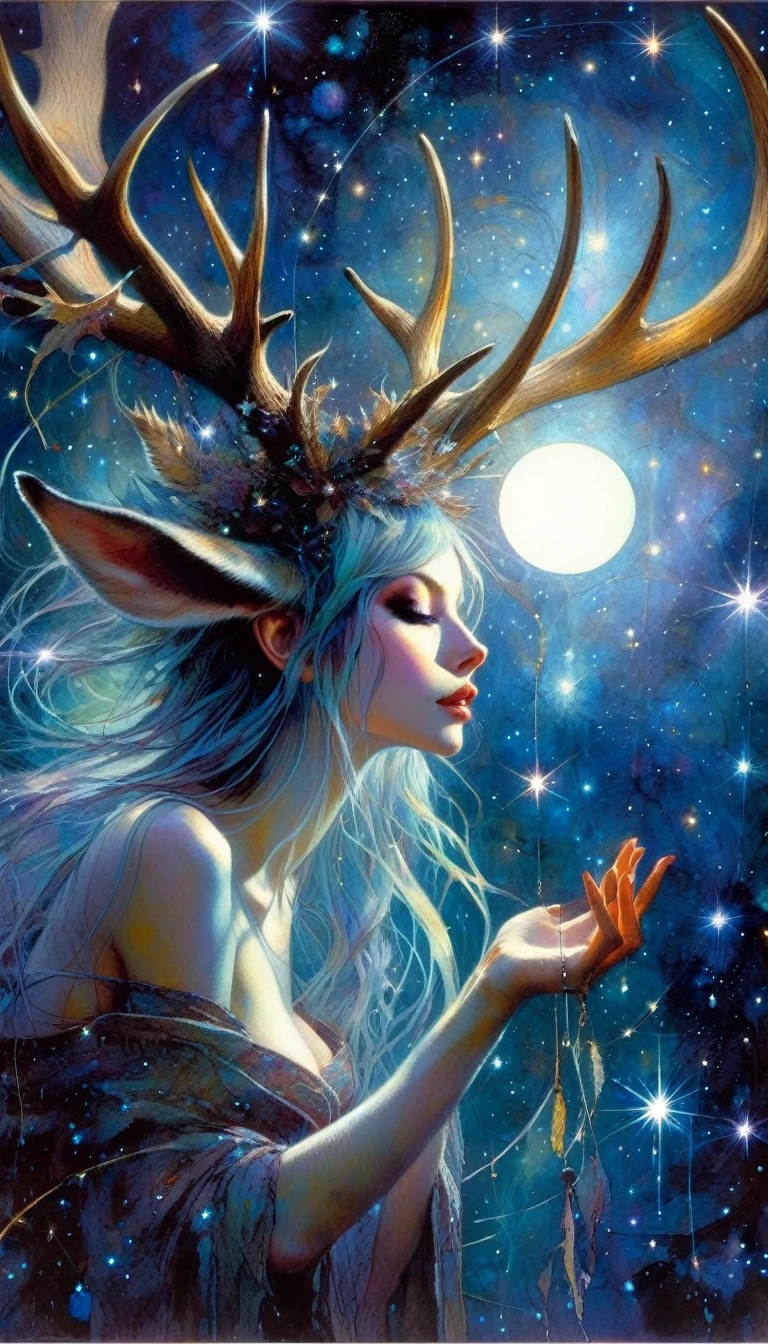 magician girl, sexy, deer horns,magic, magic lights come out of his hands, fantastic, night sky, moon, stars, background, (art inspired by Brian Froud and Carne Griffiths and Wadim Kashin, intricate details, oil )