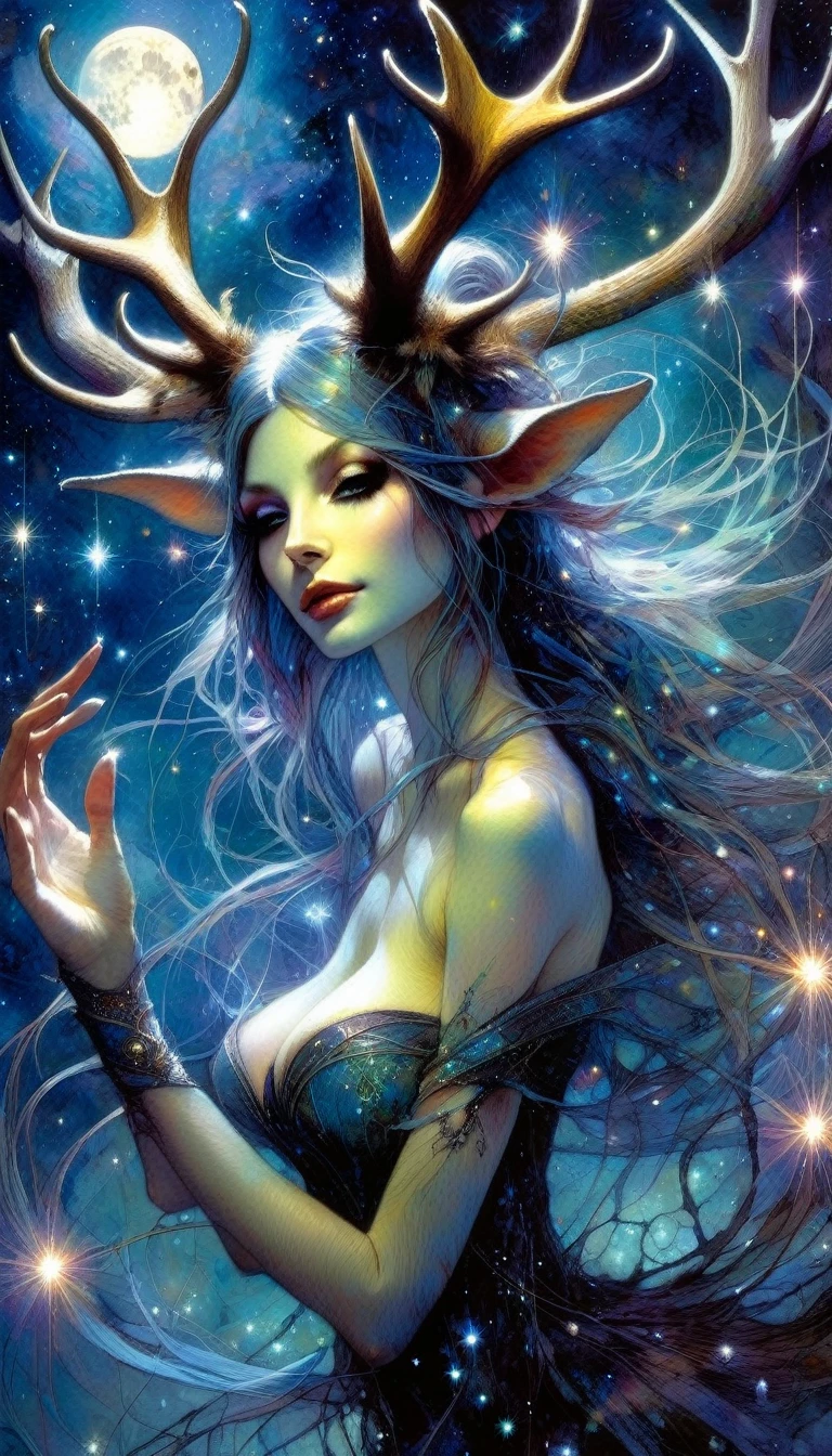 magician girl, sexy, deer horns,magic, magic lights come out of his hands, fantastic, night sky, moon, stars, background, (art inspired by Brian Froud and Carne Griffiths and Wadim Kashin, intricate details, oil )