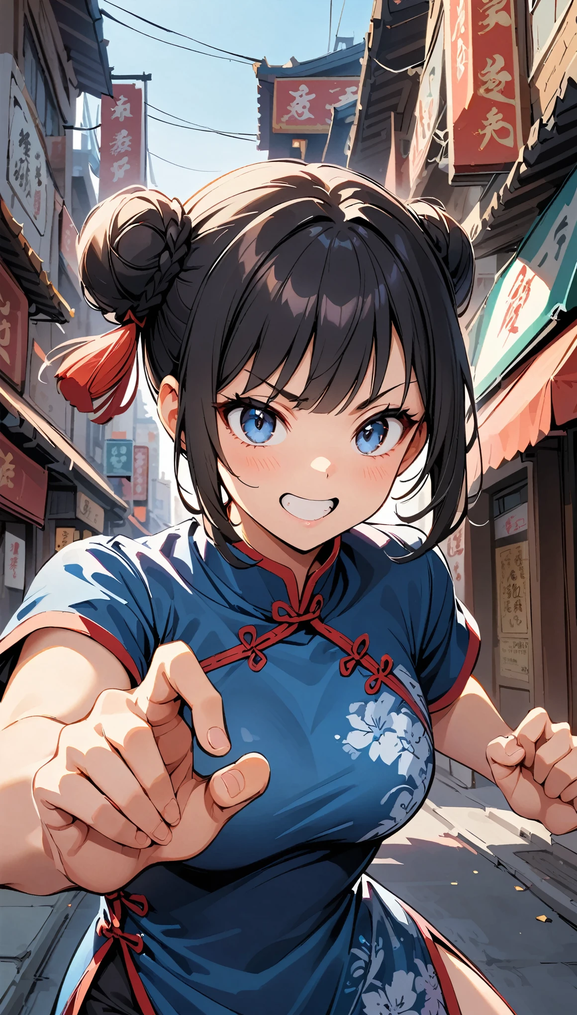 Blue Chinese Dress, Black Hair, Bun Head, Kung Fu Action, Chinatown,