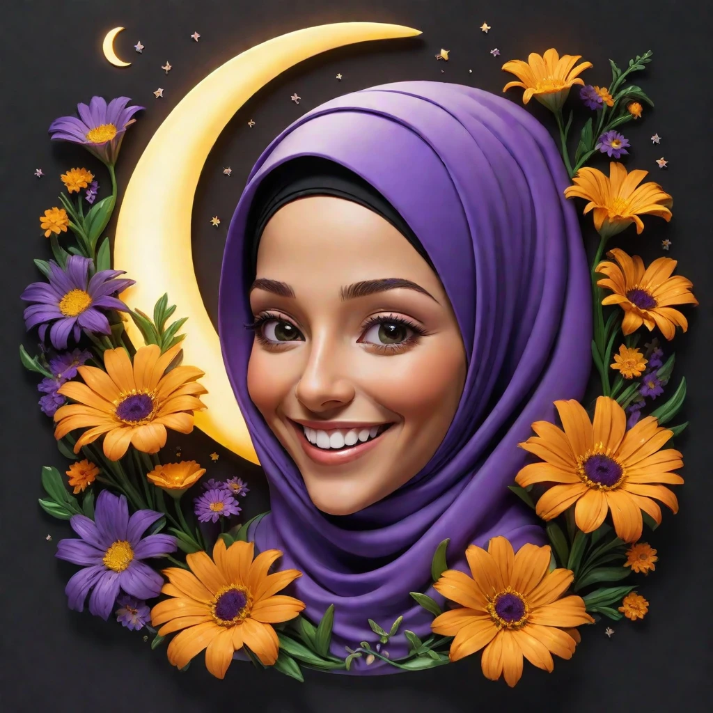 3D caricature of a smiling woman with a hijab centered in a glowing crescent moon against a dark background. Include bright flowers such as yellow daisies, orange marigolds, purple irises, and white lilies around the crescent moon. Add green foliage to complement the flowers and place a large, glowing purple butterfly on one side of the composition. At the bottom of this serene scene, include elegant text that reads ‘Siska W’.” Realistic, HD.