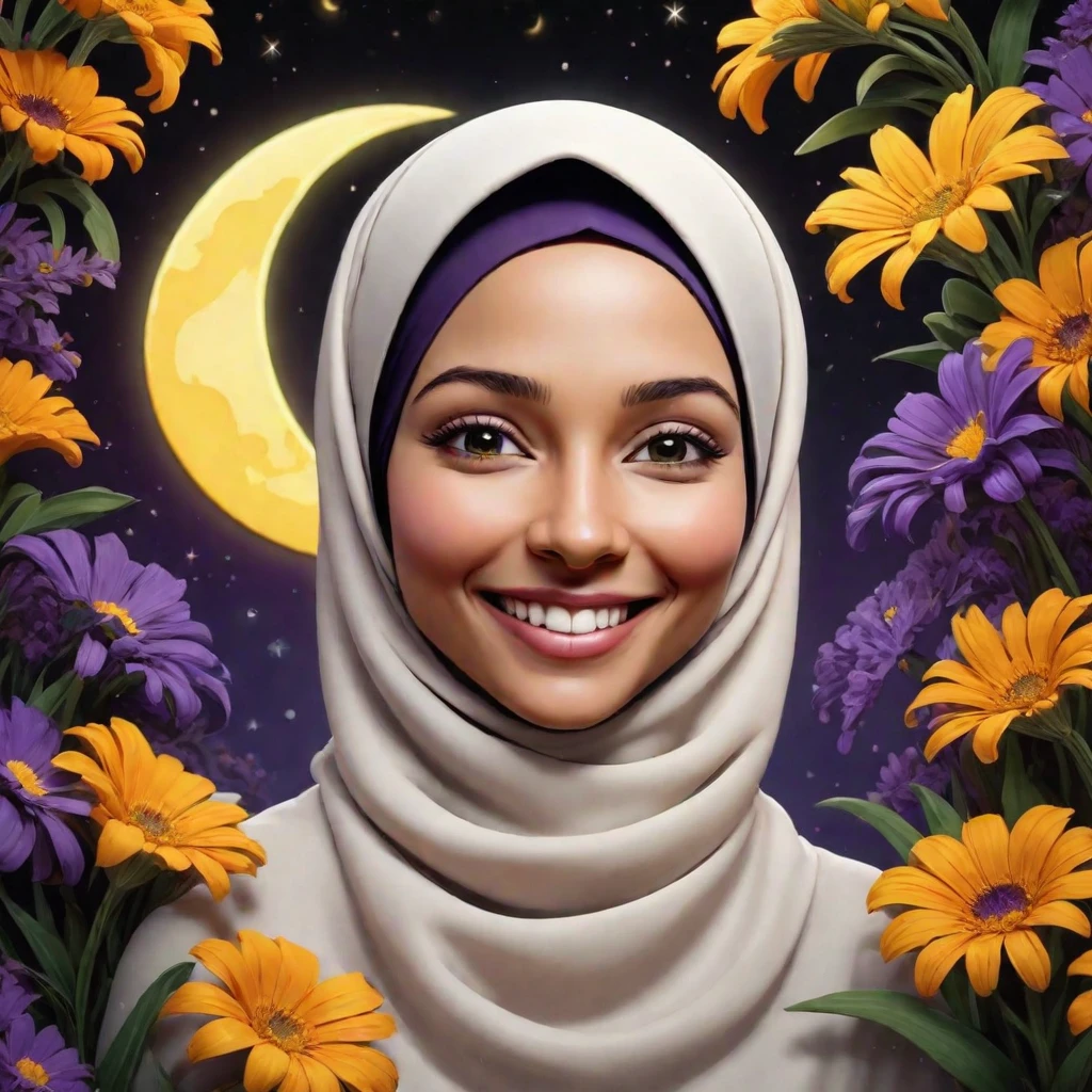 3D caricature of a smiling woman with a hijab centered in a glowing crescent moon against a dark background. Include bright flowers such as yellow daisies, orange marigolds, purple irises, and white lilies around the crescent moon. Add green foliage to complement the flowers and place a large, glowing purple butterfly on one side of the composition. At the bottom of this serene scene, include elegant text that reads ‘Siska W’.” Realistic, HD.