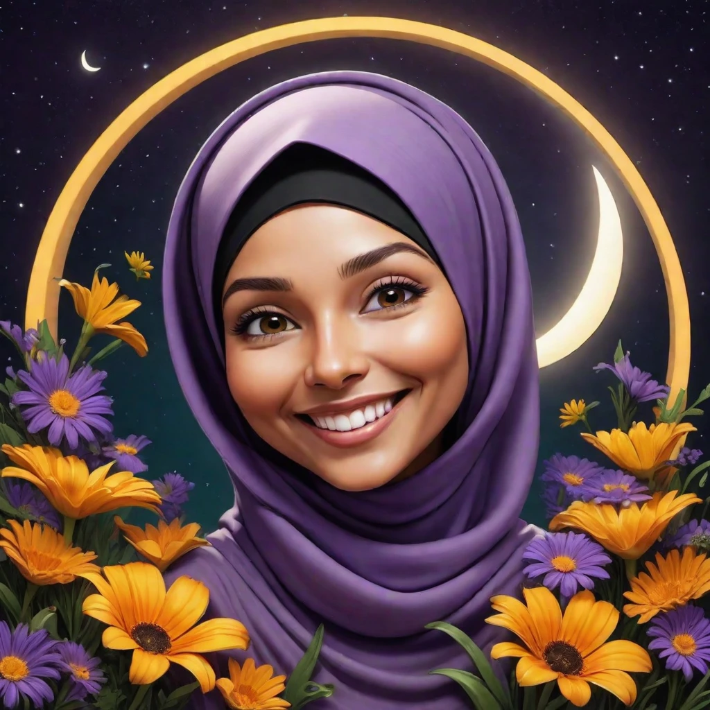 3D caricature of a smiling woman with a hijab centered in a glowing crescent moon against a dark background. Include bright flowers such as yellow daisies, orange marigolds, purple irises, and white lilies around the crescent moon. Add green foliage to complement the flowers and place a large, glowing purple butterfly on one side of the composition. At the bottom of this serene scene, include elegant text that reads ‘Siska W’.” Realistic, HD.