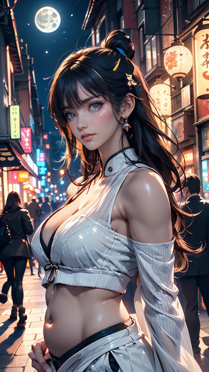 (Backlight,belly button:1.1,Black Hair),Beautiful woman in uniform in the bustling city of Gintama, Surrounded by sellers, Beautiful portrait of a stunning goddess girl, Beautifully detailed face, Porcelain-like skin, Half Body Shot, Centered,((moonlight,night,Big neon,Strong neon lighting,Rim Light,Two-tone lighting))),
