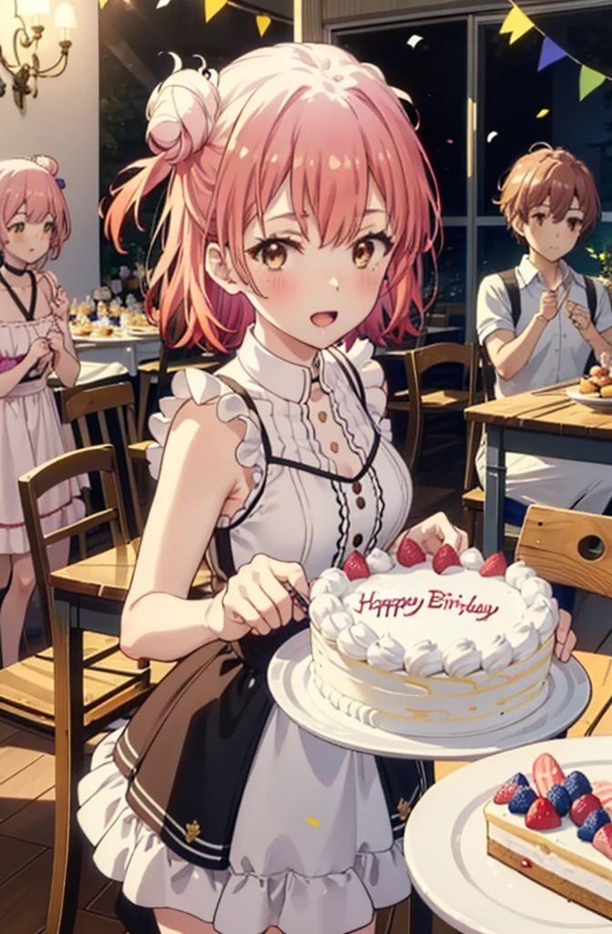 yuiyuigahama, yui yuigahama, One Girl,short hair, (Brown eyes:1.5), (Pink Hair:1.2), Hair Bun, single Hair Bun, smile,blush,Open your mouth wide,Pink sleeveless dress,Long skirt,Stiletto heels,A birthday cake with lit candles,
,There is a round birthday cake on the desk.,Confetti,cracker,whole bodyがイラストに入るように,peace sign,
break indoors, Party Venue,
break looking at viewer, whole body,
break (masterpiece:1.2), Highest quality, High resolution, unity 8k wallpaper, (figure:0.8), (Beautiful attention to detail:1.6), Highly detailed face, Perfect lighting, Highly detailed CG, (Perfect hands, Perfect Anatomy),