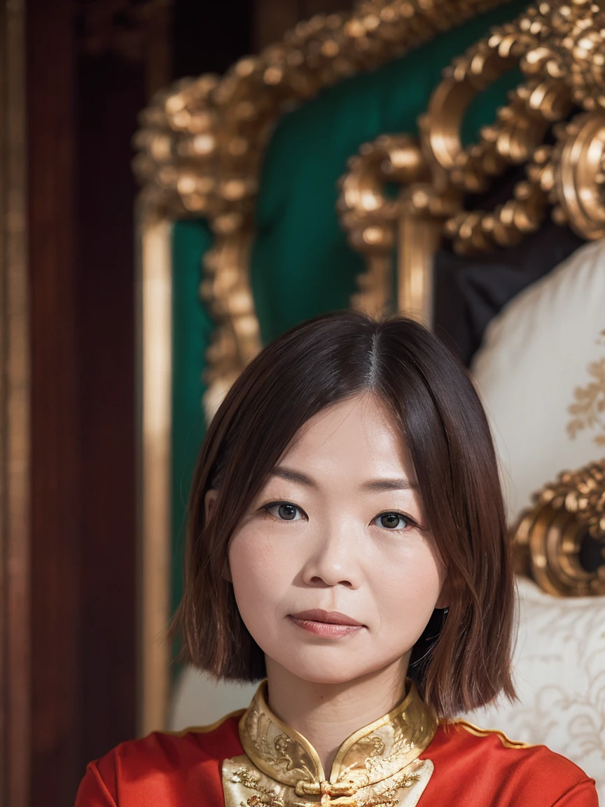 A woman wearing a Chinese dress、sitting in a luxurious room with antique furniture。The background features silk wall hangings and gold leaf decorations.、Enhances the noble aura of women。