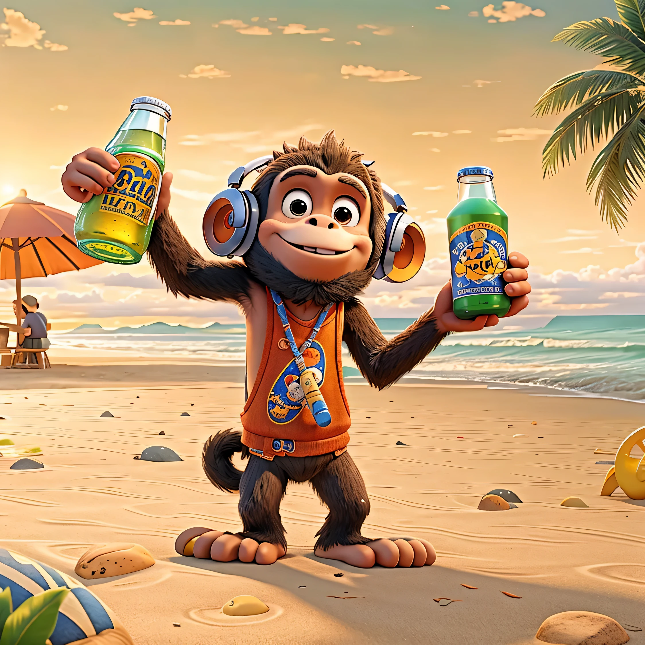 Create a 3D Disney Pixar style Monkey wearing headphones with a beer bottle in his hand. The character is standing on a beach in Hawaii