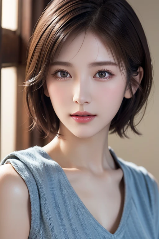 masterpiece,Highest quality,Adult 1 girl,Super detailed,Improve skin quality, Increase eye appeal,Ultra-high resolution,Very delicate,super high quality,Detailed face,Beautiful Eyes,(Short Hair:1.3),Beautiful nose,Cowboy Shot,From the waist up