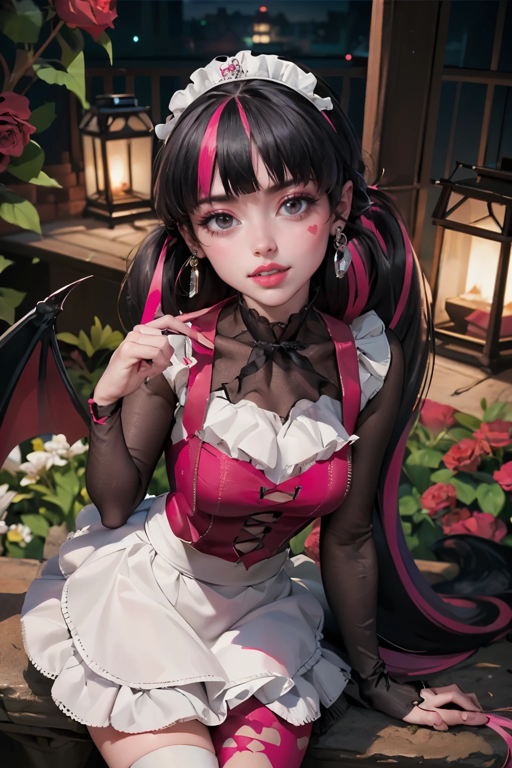 1 girl, Vampire girl, vampire fangs, together, centred, award-winning upper body portrait, cowboy shot, (gazing at viewer:1.2), Draculaura_MH, standing alone, half black hair, half pink hair, multicolored hair, long hair, white skirt, Pink knee boots, smiling, garden scenery, japanese lanterns, dark red roses, Depth of field, film composition, ((high qualiy)), ((artwork)), (More details), Half black hair, soft pink hair, wavy hair, Pink heart in the eyes, ssmile, vampire fangs, maid dress, black maid headdress, black maid apron, bat wings, pink skirt, black dress with transparency, pink laces, black gloves, black high-socks, high hills boots, bat jewerly, jewerly, sit on the grass, dark red roses on focus, Draculaura_(monster school), monster school, gazing at viewer, More detailss on the clothes,