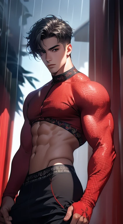 1boy,red background,absurdres,masterpiece,highres,intricately detailed,a gay man,sexy,muscular,strutting outdoors,gorgeous eyes,detailed face,pouring rain,outdoors,global illumination,subsurface scattering, Rear bottom view 