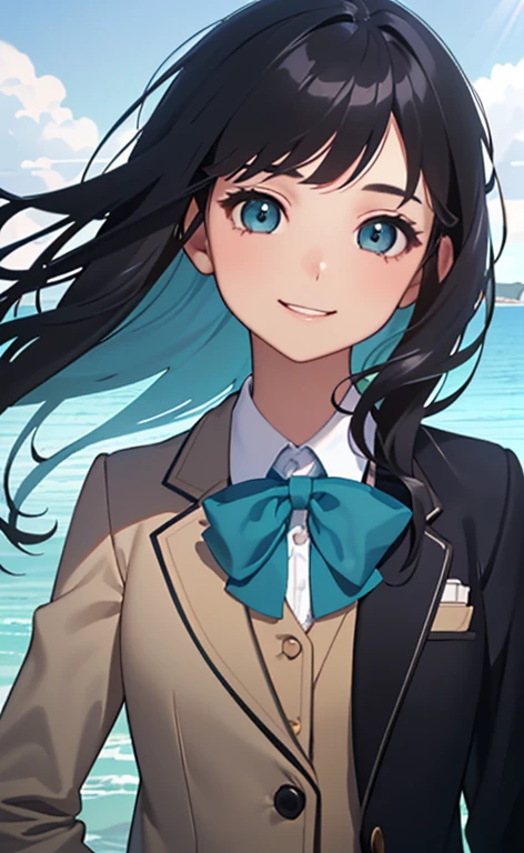 (Photorealistic:1.4)、(15-year-old:1.5),(masterpiece、spot light:1.2、Exquisite beautiful eye:1.5,portlate),(kind eyes、tareme:1.9),(Close-up of face:1.5,face focus:1.5)、(Cute Face、 3D Face)、(black hair:1.5)、(middle hair:1.5),(sidelock :1.5),(blunt bangs:1.3),(1  school girl)、(aqua eyes:1.2)、(upper body:1.5)、(light smile:1.5)、(Hair blowing sideways in the wind:1.4),(head tilt) ,(),(flat chest),(),(school blazer:1.5),(Park with an ocean view background:1.5)、()、()、Slim Body(),Shiny Hair、