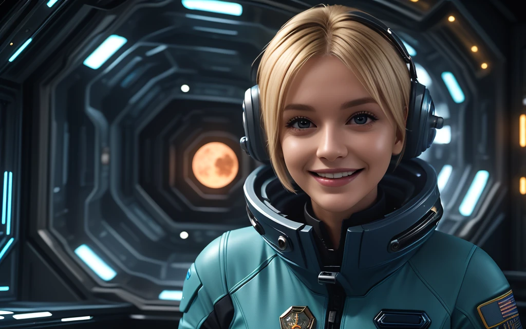 (masterpiece:1.4),(best quality,photorealistic), A beautiful Blonde woman with short Choppy Bob hair style, 48 years old, she is wearing a full length Teal space suit, she has perfect hands and face, ((she is standing in the crew recreational area of a giant space ship)), there is a bar and some gamming machines, and exclusive, Luxury, you can see a moon out of the window, space nebulas, planets, control panel, she wears a gold badge, she has a happy smile,