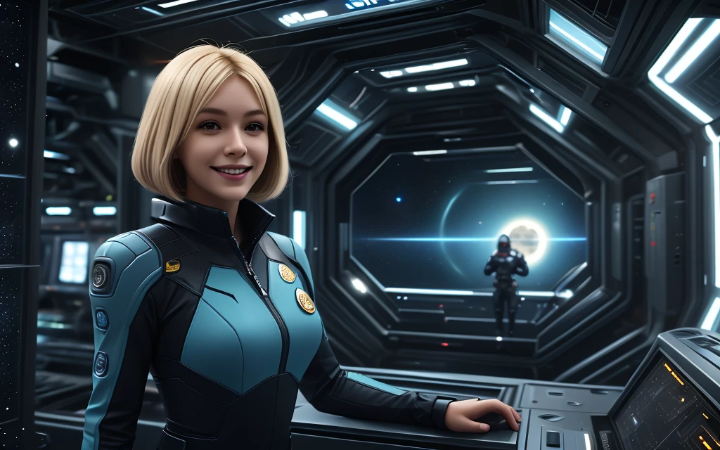 (masterpiece:1.4),(best quality,photorealistic), A beautiful Blonde woman with short Choppy Bob hair style, 48 years old, she is wearing a full length Teal space suit, she has perfect hands and face, ((she is standing in the crew recreational area of a giant space ship)), there is a bar and some gamming machines, and exclusive, Luxury, you can see a moon out of the window, space nebulas, planets, control panel, she wears a gold badge, she has a happy smile,