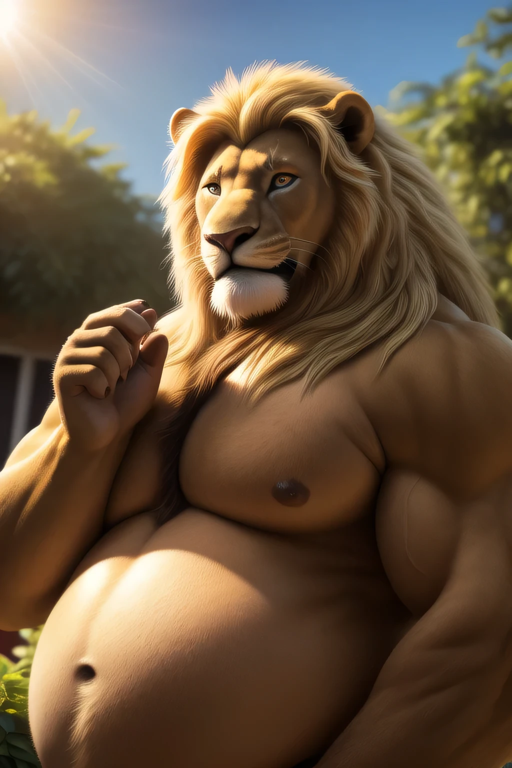 a male lion with a long flowing blonde mane, longue fur, beautiful detailed eyes, massive and obese body, big belly, fat belly, muscular arm, muscular pectorals, in a garden, shirtless, portrait, big smile, paw in front of the face to hide the eyes from the sun, (best quality,8k,highres,masterpiece:1.2),ultra-detailed,(realistic,photorealistic,photo-realistic:1.37),HDR,UHD,studio lighting,ultra-fine painting,sharp focus,physically-based rendering,extreme detail description,professional,vivid colors,bokeh,cinematic,extremely detailed eyes and face, corect anatomy