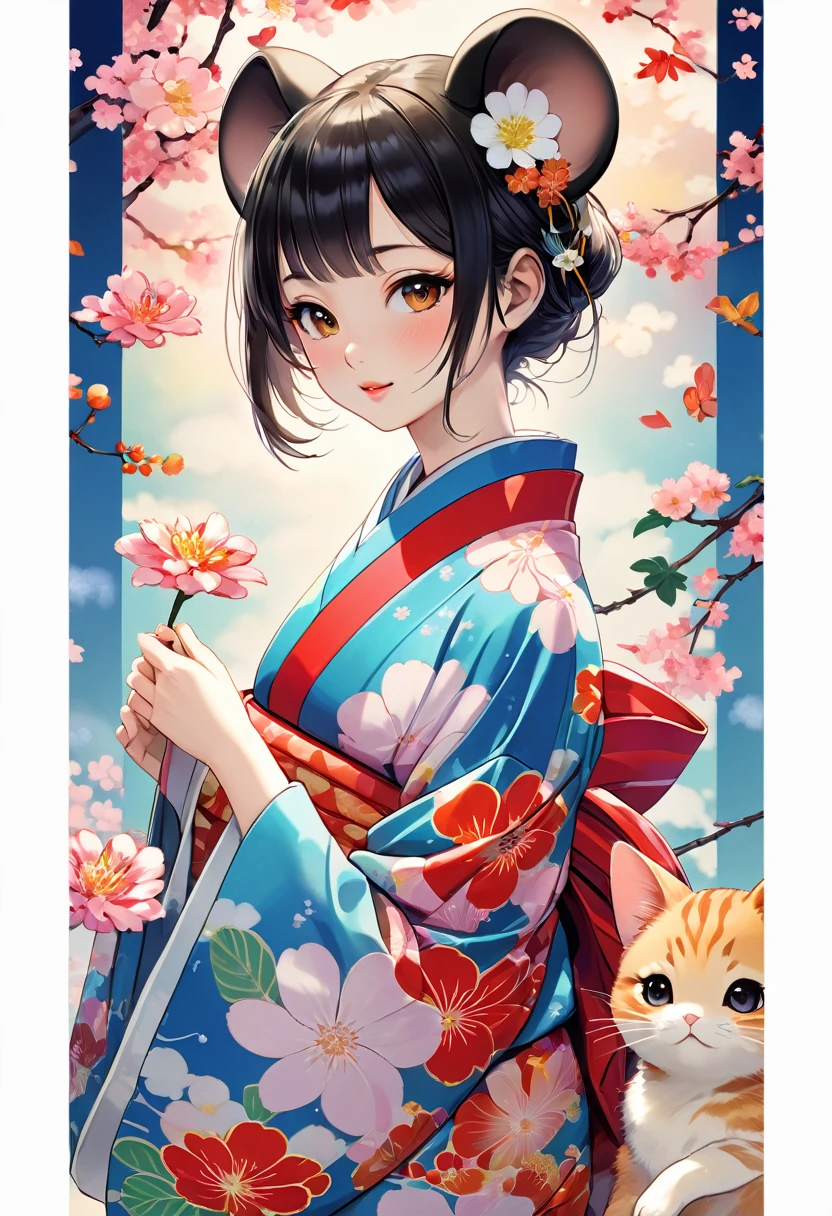 (Yumeji Takehisa style:1.2) , Hallucination, daydream , nightmare , Insane Dream , bokeh , erotica , romance , realistic mouse nymph and realistic cat , yukata , Petals fluttering down , Single eyelids, round nose, swollen cheeks , glossy lips , Collarbone , Disheveled Hair , Scorching Heat summer , (Roll up the hem with hands:1.5) , innocent smile , (dynamic move)