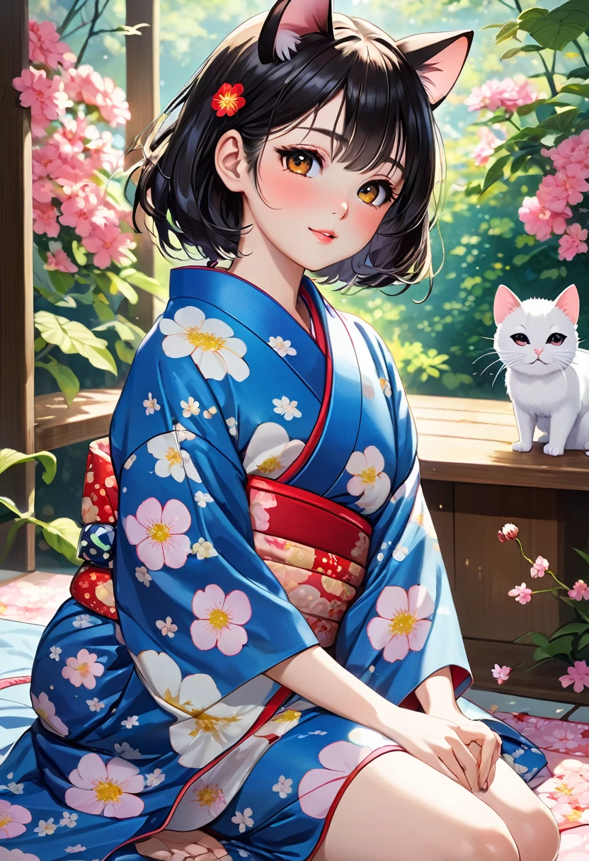 (Yumeji Takehisa style:1.2) , Hallucination, daydream , nightmare , Insane Dream , bokeh , erotica , romance , realistic mouse nymph and realistic cat , yukata , Petals fluttering down , Single eyelids, round nose, swollen cheeks , glossy lips , Collarbone , Disheveled Hair , Scorching Heat summer , (Roll up the hem with hands:1.5) , innocent smile , (dynamic move)