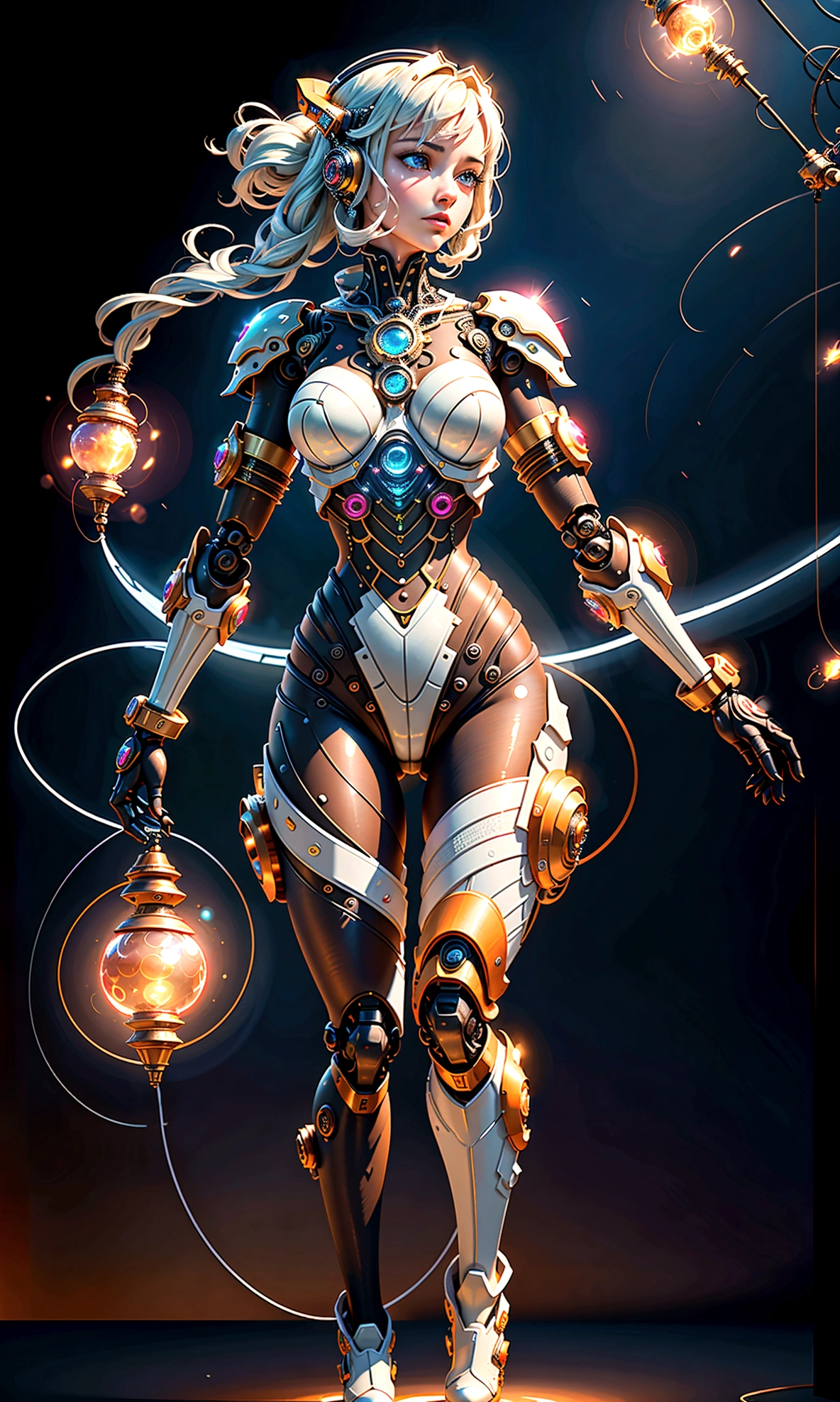 (​masterpiece, top quality, best quality, offcial art, beautiful and aesthetic:1.2), (1 girl), (Fractal Art:1.2),most absurd, highres, ultra detailed, Ultra-precise display, Ultra-detailed display, alone, (zentangle:1.2), floating hair, (sslim, thin body: 1.2), tanned skin, shiny skin, (abstract:1.2),cbpkv5, Tights,Viewers look at, Full body, cyberpunk robot, complex robot, nimbus, von mooncryptowow