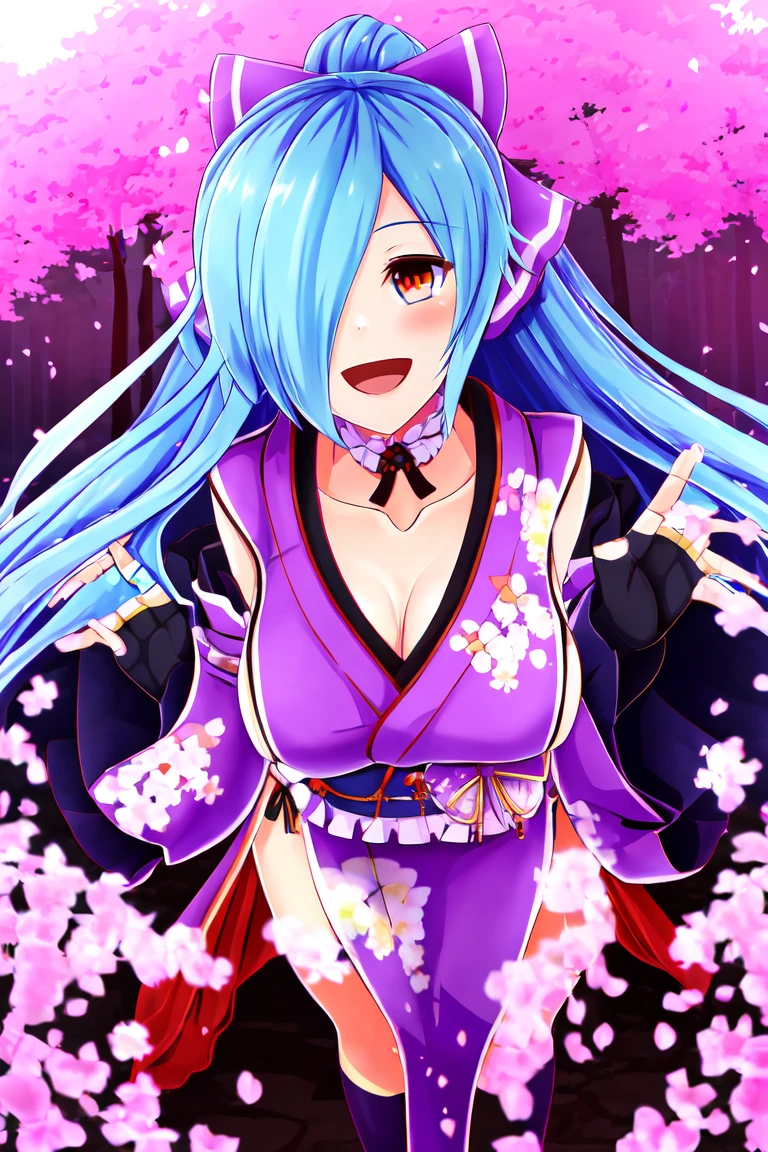 beloved iori, One girl, Virtual YouTuber, alone, gloves, bow, hair bow, Long Hair, Hair on one eye, Knee socks, Blue Hair, fingerless gloves, Red eyes, kimono, whole body, Removable sleeves, ponytail, View your viewers, black gloves, very Long Hair, chest, purple bow, kimono, smile, Open your mouth, Transparent Background, Are standing, sash, heart, purple kimono
blush,cherry blossoms,
( Outdoor, forest, Upper Body,  Dynamic pose, View your viewers, ), Looking at the audience, Skin dents,