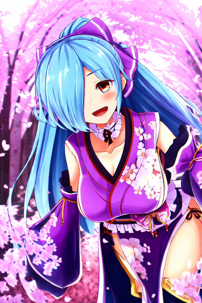 beloved iori, One girl, Virtual YouTuber, alone, gloves, bow, hair bow, Long Hair, Hair on one eye, Knee socks, Blue Hair, fingerless gloves, Red eyes, kimono, whole body, Removable sleeves, ponytail, View your viewers, black gloves, very Long Hair, chest, purple bow, kimono, smile, Open your mouth, Transparent Background, Are standing, sash, heart, purple kimono
blush,cherry blossoms,
( Outdoor, forest, Upper Body,  Dynamic pose, View your viewers, ), Looking at the audience, Skin dents,