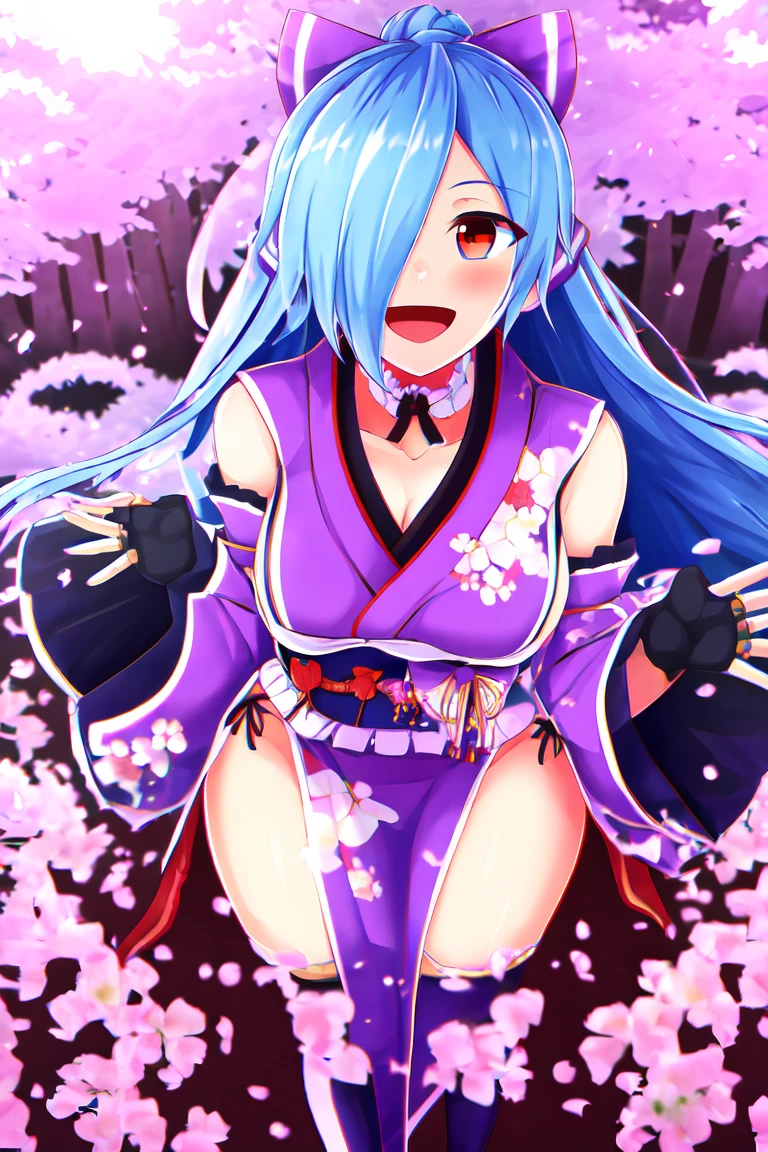 beloved iori, One girl, Virtual YouTuber, alone, gloves, bow, hair bow, Long Hair, Hair on one eye, Knee socks, Blue Hair, fingerless gloves, Red eyes, kimono, whole body, Removable sleeves, ponytail, View your viewers, black gloves, very Long Hair, chest, purple bow, kimono, smile, Open your mouth, Transparent Background, Are standing, sash, heart, purple kimono
blush,cherry blossoms,
( Outdoor, forest, Upper Body,  Dynamic pose, View your viewers, ), Looking at the audience, Skin dents,