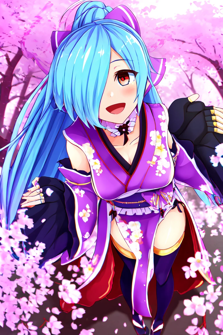 beloved iori, One girl, Virtual YouTuber, alone, gloves, bow, hair bow, Long Hair, Hair on one eye, Knee socks, Blue Hair, fingerless gloves, Red eyes, kimono, whole body, Removable sleeves, ponytail, View your viewers, black gloves, very Long Hair, chest, purple bow, kimono, smile, Open your mouth, Transparent Background, Are standing, sash, heart, purple kimono
blush,cherry blossoms,
( Outdoor, forest, Upper Body,  Dynamic pose, View your viewers, ), Looking at the audience, Skin dents,