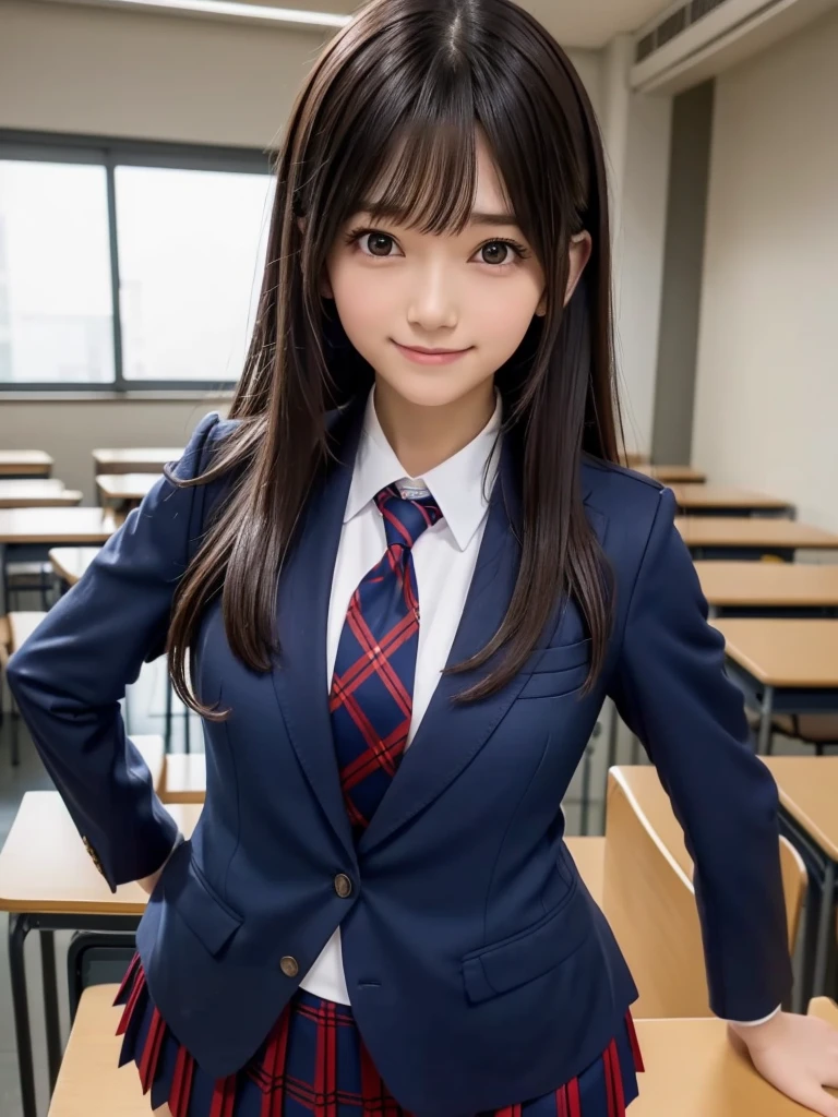 (8K, RAW Photos, Highest quality), Stand in the classroom of school, (((((((One woman))))))), ((Brown Hair)), ((Long Bob Hair)), ((Detailed eyes)), ((smile)), ((Red tie)), (((Dark blue closed blazer))), (((A blue plaid pleated miniskirt that wraps around the hips))), Asymmetrical bangs, 楽しそうなsmile, Thighs, knees, Random pose，pretty girl，Slender girl