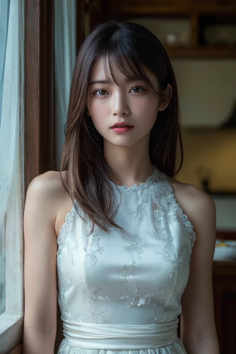 (Highest quality:1.4),(masterpiece:1.4),(Realistic:1.4),(Realistic:1.2),(超High resolution, RAW Photos:1.4),(High resolution, Ultra-detailed:1.2),(8K:1.2),Movie Photos,a photo of a dark-haired,One girl,alone,wear ,((China dress))、((Upper Body:1.3))