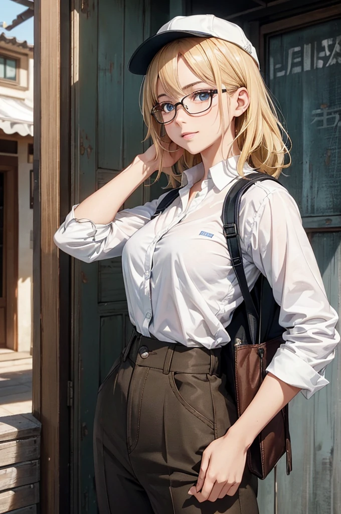 最high quality, high quality, High resolution, high quality texture, high quality shadows, High resolution, Beautiful details, Detailed CG, Detailed Texture, Realistic representation of face, Realistic, colorful, delicate, Cinematic Light, Side light, Lens flare, Ray Tracing, sharp concentrated, (1 Girl,concentrated:1.3), ( Intricate details, compensate, PureErosFaceV1:0.5), (細部まで美しいdelicateな顔, 緻密で美しいdelicateな瞳, Perfect Facial Proportions, Dense skin, Optimal ratio of four fingers to one thumb, Modest chest, Beautiful Hips, Smooth upper abdomen, blue eyes , glasses ,White shirt, mountaineering pants ,trekking shoes, work cap, butter, Hanoi ,Old Quarter, buzzer, blue sky,trekking backpack ,adventure journey ,the gaze of true love, lips of temptation, A look full of compassion ,a smile full of love, i love you, Acting lovey-dovey, waist up, 35 years old, hiking,house wife,air fortress hair, blonde hair