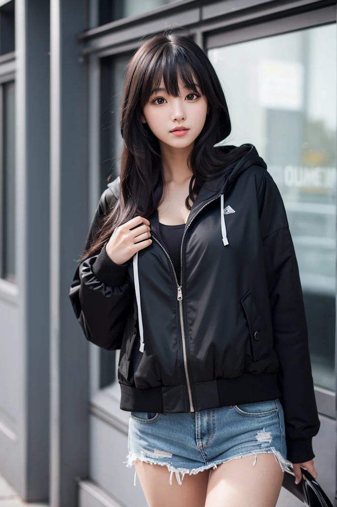 A girl with long black hair wearing a long black jacket with a hood tall Slightly larger breasts With bangs Slim legs Cute