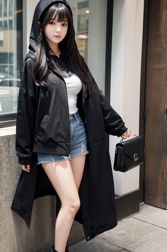 A girl with long black hair wearing a long black jacket with a hood tall Slightly larger breasts With bangs Slim legs Cute