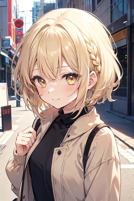 girl, cute anime girl, smiling, beige hair, short hair, hair in a braid on the side, messy hair, yellow eyes moe style anime