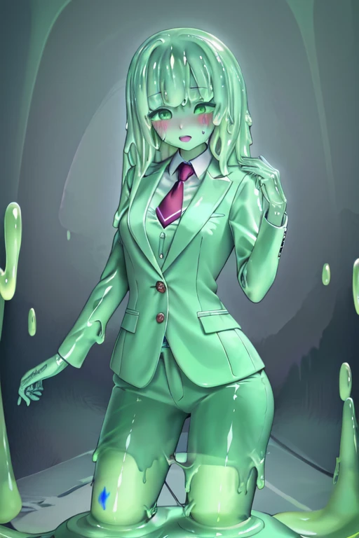 a beautifully detailed slime girl with luminous green eyes, blushing cheeks, shocked expression, standing gracefully in a masterpiece-level illustration, ultra-detailed and high-resolution, 1boy, business suit