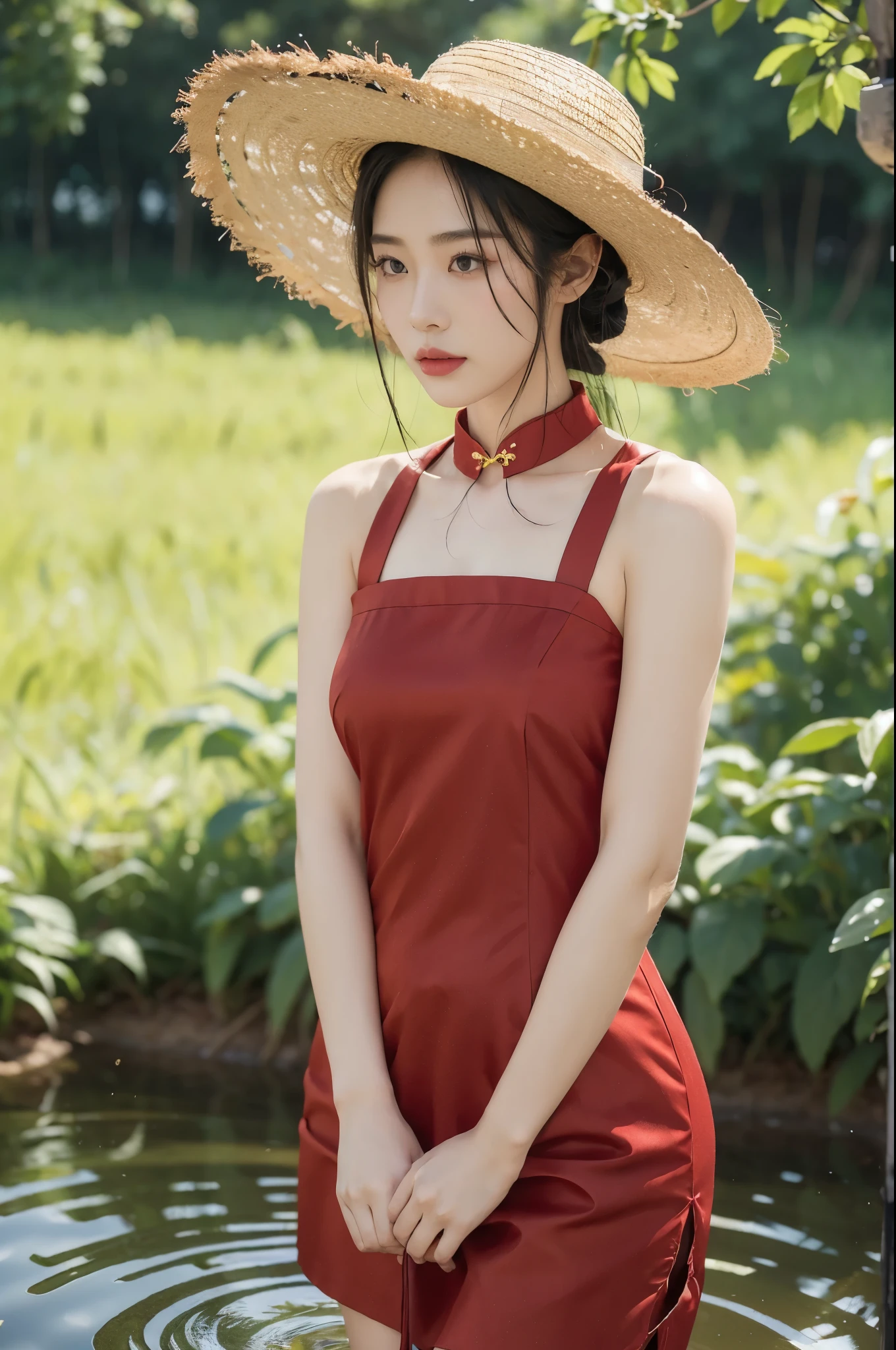 (((best quality))),(((ultra detailed))),(((masterpiece))),illustration,1 beautiful girl,slim,straw hat,shiny skin,black skin,sweat,wet,flat chest,short Embroidered red cheongsam,collar,bare arms,pantyhose,standing in the Paddy pool filled with Rice seedlings,full body,elegant, clear sky, sunlight, dreamy, contrast, natural,Chinese rural landscape,The body below the neck is in water