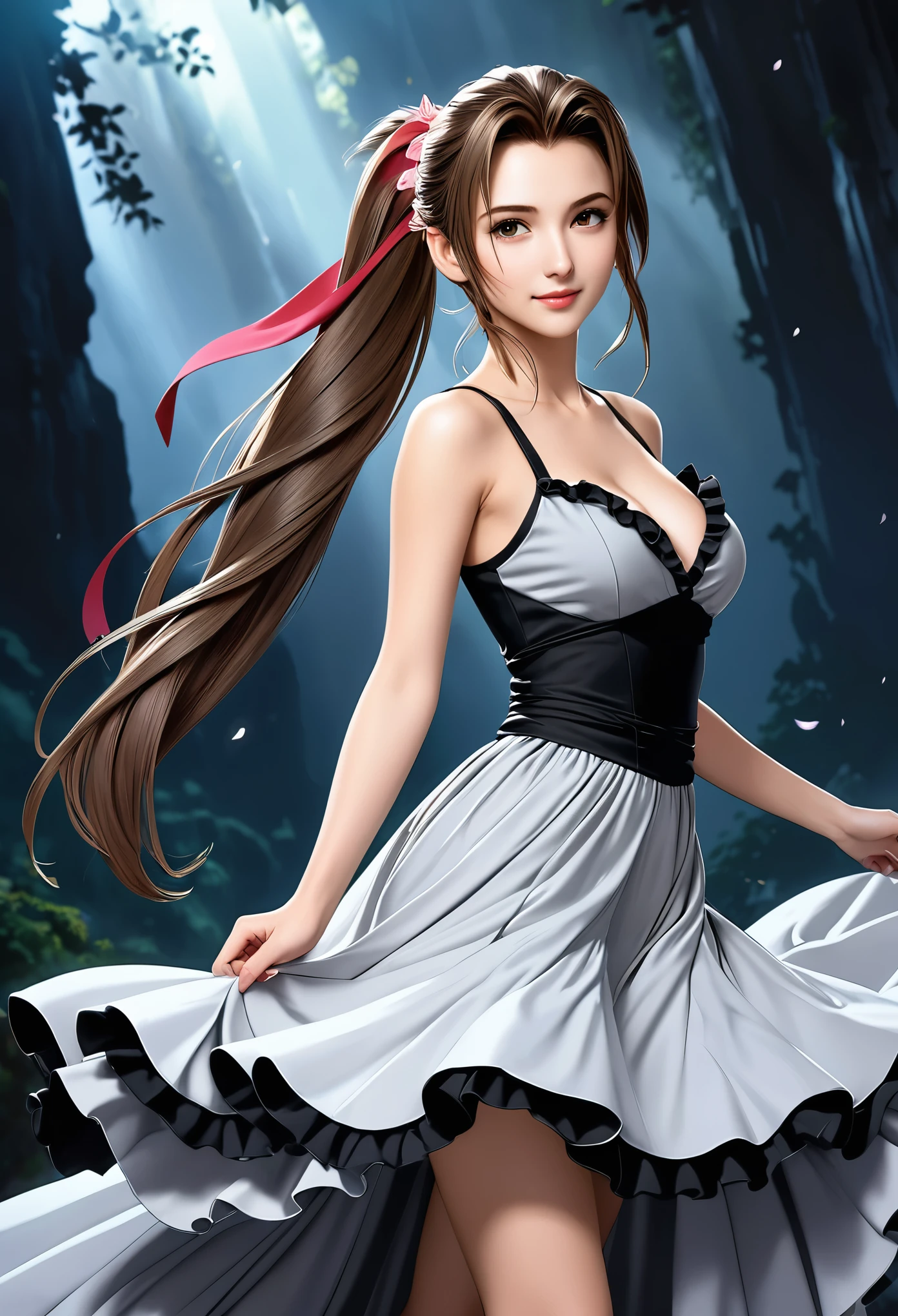 (((masterpiece))),((Highest quality)),Beautiful girl, Aerith, Sexy witch, bangs、(Long Hair, side pony tails:1.5)、(((big firm bouncing bust)))、23 years old、(gorgeous white, Grey and black ruffled dress:1.5)、Japanese girl、 Beautiful digital artwork, Beautiful fantasy art, dynamic sely poses, A kind smile, Mysterious Background, Aura, A gentle gaze, BREAK,