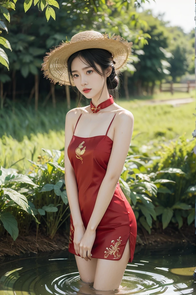 (((best quality))),(((ultra detailed))),(((masterpiece))),illustration,1 beautiful girl,slim,straw hat,shiny skin,black skin,sweat,wet,flat chest,short Embroidered red cheongsam,collar,bare arms,pantyhose,standing in the Paddy pool filled with Rice seedlings,full body,elegant, clear sky, sunlight, dreamy, contrast, natural,Chinese rural landscape,The body below the neck is in water