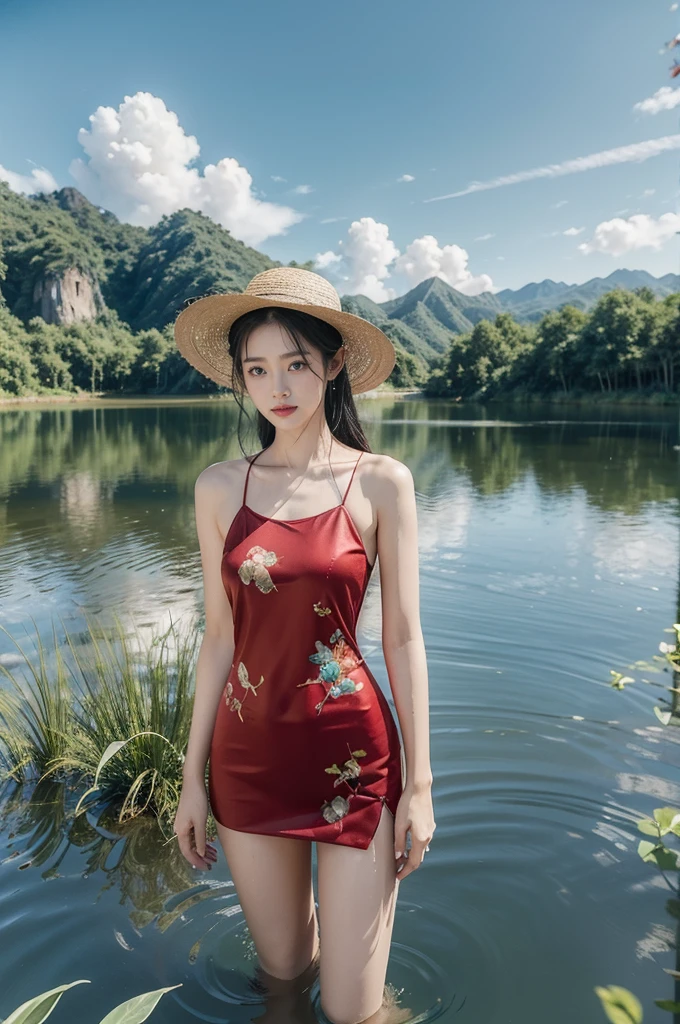 (((best quality))),(((ultra detailed))),(((masterpiece))),illustration,1 beautiful girl,slim,straw hat,shiny skin,black skin,sweat,wet,flat chest,short Embroidered red cheongsam,collar,bare arms,pantyhose,standing in the Paddy pool filled with Rice seedlings,full body,elegant, clear sky, sunlight, dreamy, contrast, natural,Chinese rural landscape,The body below the neck is in water