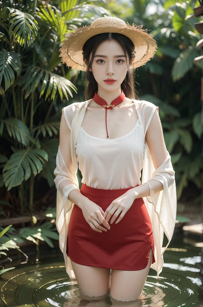 (((best quality))),(((ultra detailed))),(((masterpiece))),illustration,1 beautiful girl,slim,straw hat,shiny skin,black skin,sweat,wet,flat chest,short Embroidered red cheongsam,collar,bare arms,pantyhose,standing in the Paddy pool filled with Rice seedlings,full body,elegant, clear sky, sunlight, dreamy, contrast, natural,Chinese rural landscape,The body below the neck is in water