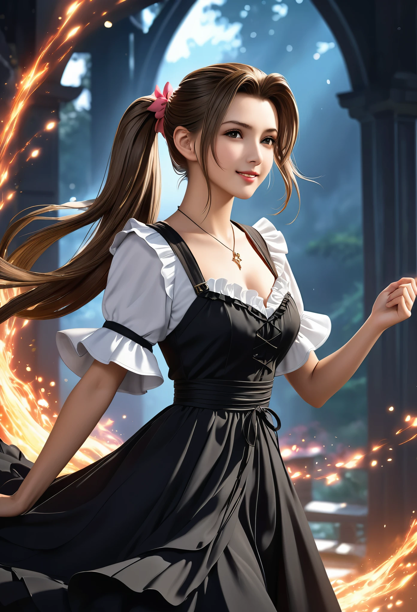 (((masterpiece))),((Highest quality)),Beautiful girl, Aerith, Sexy witch, bangs、(Long Hair, side pony tails:1.5)、(((big firm bouncing bust)))、23 years old、(gorgeous white, Grey and black ruffled dress:1.5)、Japanese girl、 Beautiful digital artwork, Beautiful fantasy art, dynamic sely poses, A kind smile, Mysterious Background, Aura, A gentle gaze, BREAK,