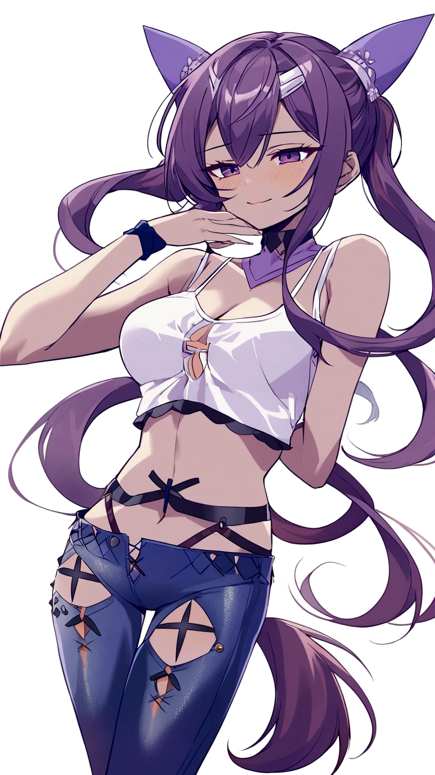 change his face, purple hair, with two thin pigtails that fall downwards