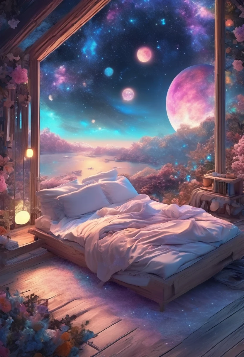 a woman dreaming in a beautiful galaxy,soft and surreal colors,(best quality,4k,high-res:1.2),ultra-detailed,impressionistic style,star-filled night sky,dreamy atmosphere,gentle moonlight,cosmic patterns,peaceful ambiance,subtle transitions,sublime beauty,dreamlike surroundings,quiet serenity,sleeping peacefully in her cozy bed,tranquil and otherworldly scenery,sublime celestial backdrop,serene and ethereal,subconscious journey,cosmic inspiration,vibrant and captivating colors,dreamlike abstraction,magical and mesmerizing vision,deep sense of wonder and awe,lucid dreams,galactic dreamscape,relaxing and introspective experience,luminous stars shining brightly,blissful state of mind,soothing and calming environment,whispers of the universe,mysterious and enchanting,just drifting away.