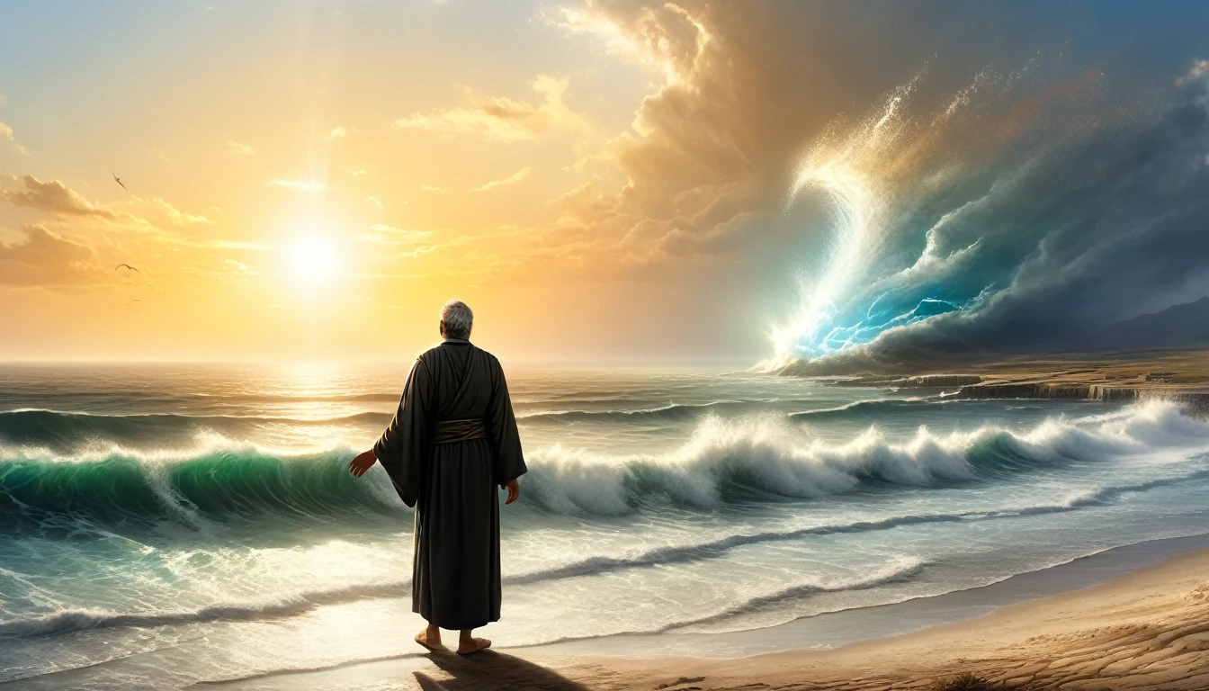 Setting: A serene, sunlit coastal area with a small, ancient town visible in the background, representing Nineveh. Subject: Jonah, standing on the shore, depicted as a contemplative figure with simple robes. Above him, a divine light or ethereal figure representing God is pointing towards Nineveh. Jonah’s expression is conflicted, torn between obedience and fear. Atmosphere: Reflective and spiritual, with a warm light illuminating Jonah and contrasting with the dark, foreboding sea in the distance, symbolizing his upcoming struggle.


