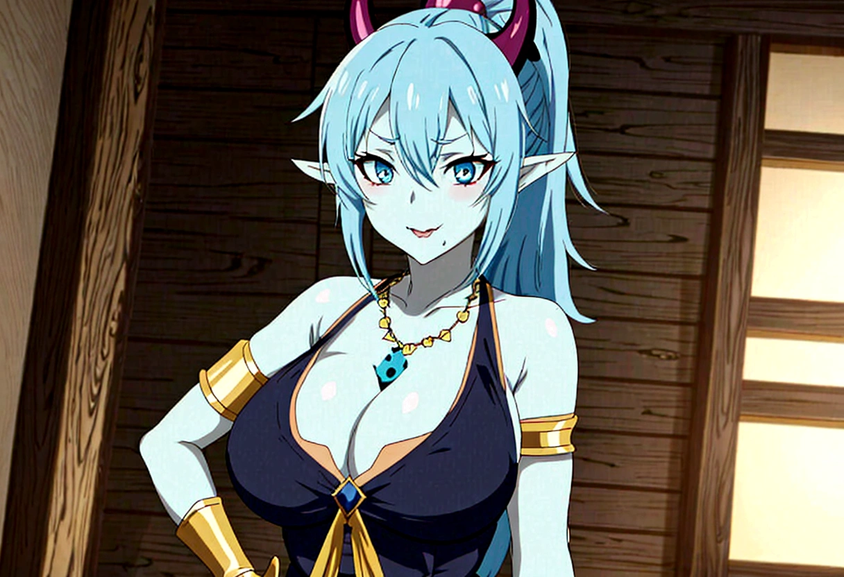 anime character with blue hair and horns in a black dress, aqua from konosuba, succubus in tight short dress, demon anime girl, anime monster girl, mika kurai demon, konosuba anime style, seductive anime girl, succubus in sundress portrait, beautiful succubus, konosuba, keqing from genshin impact