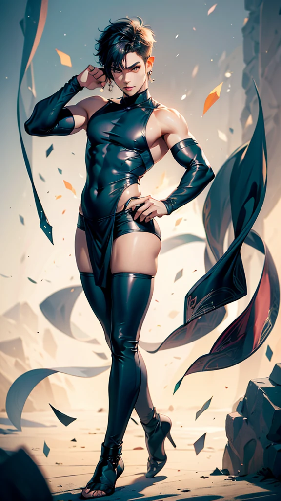 A boy having long legs, thick thighs, large hips, thin and narrow weist, big large feminine breasts, very small spikey boyish haircut, wearing sleeveless tight dress and leggings. Man, man