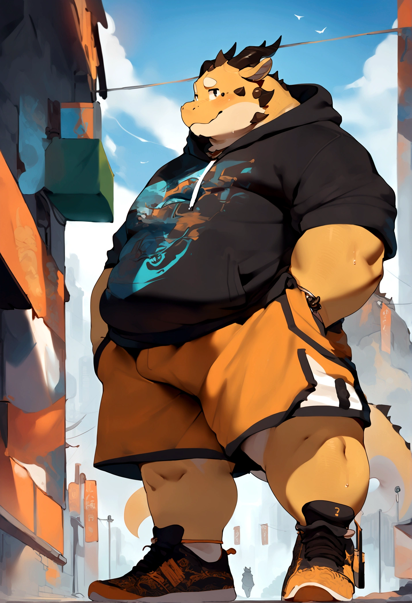 Dragon,male, adult, chubby,round belly,yaoi, doujin,wearing stylish sweatshirt, Shorts, shoes, cyberpunk street outfit, cyberpunk big city, summer vibes, detail background, out view scale, pixiv artwork,hd,4k, colour full, smooth lighting, art style by quanjiang, by chunie, by quanjiang,