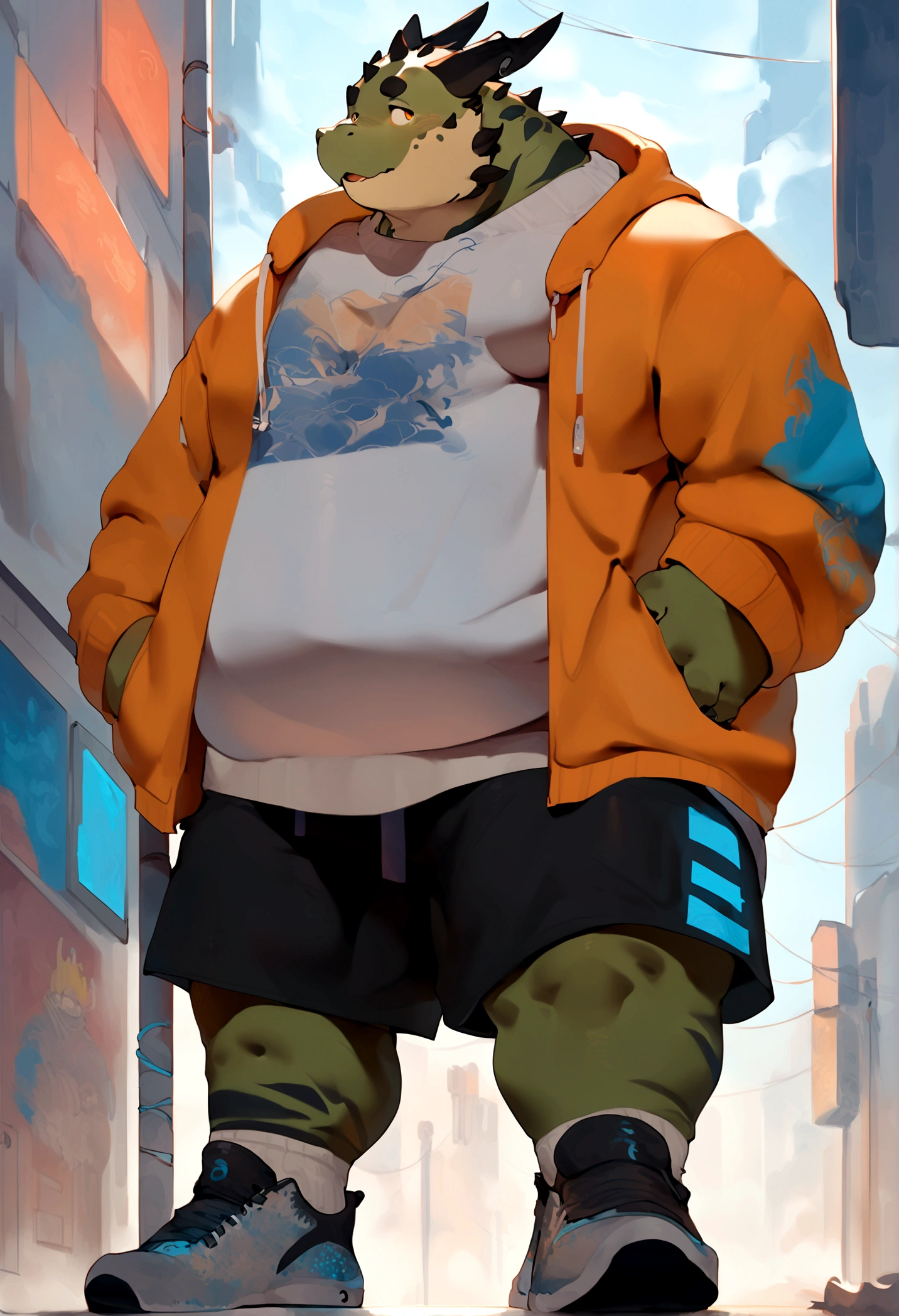 Dragon,male, adult, chubby,round belly,yaoi, doujin,wearing stylish sweatshirt, Shorts, shoes, cyberpunk street outfit, cyberpunk big city, summer vibes, detail background, out view scale, pixiv artwork,hd,4k, colour full, smooth lighting, art style by quanjiang, by chunie, by quanjiang,