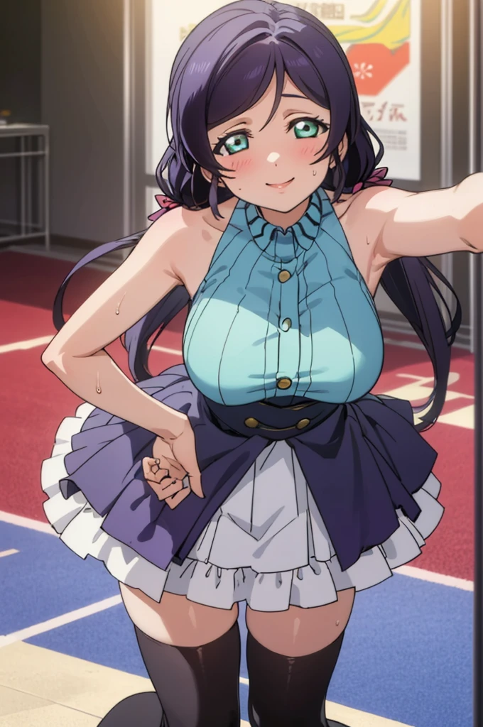 (masterpiece, best quality), 1girl,    nozomi toujou,huge breasts,idol costume,,sweating,sleeveless,thighhighs,miniskirt,looking viewer,smile,1piece dress,lean forward,,squeeze huge breasts