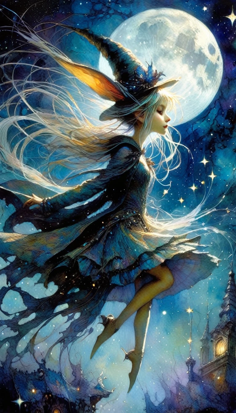 magician girl, , fantastic, night sky, moon, stars, background, (art inspired by Brian Froud and Carne Griffiths and Wadim Kashin, intricate details, oil )
