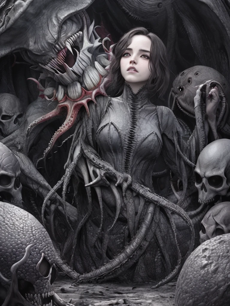 (masterpiece, best quality, official art, beautiful and aesthetic),1girl and gigerwall, ewt, emotional female human face, Emma Watso, xenomorph,polished texture relief,the body of the girl is embeded in the alien \(relief\),H.R.giger \(style\),eldritch abomination,skeleton,black baord,octopus,crusu,monster,monochrome,teeth,horror \(theme\),the body of the girl is entangled by (tentacles:1.3),